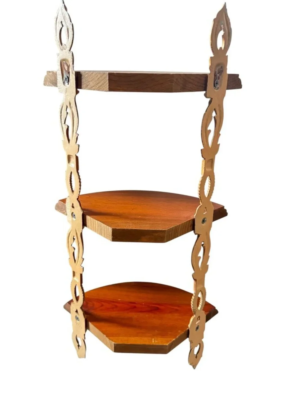 Vintage Sexton 3 Tier Wooden Wall Corner Shelf With Ornate Metal Brackets